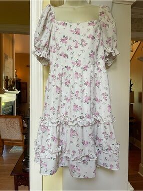 Altar’d State white with pink & green floral design layered short dress Sz XL
